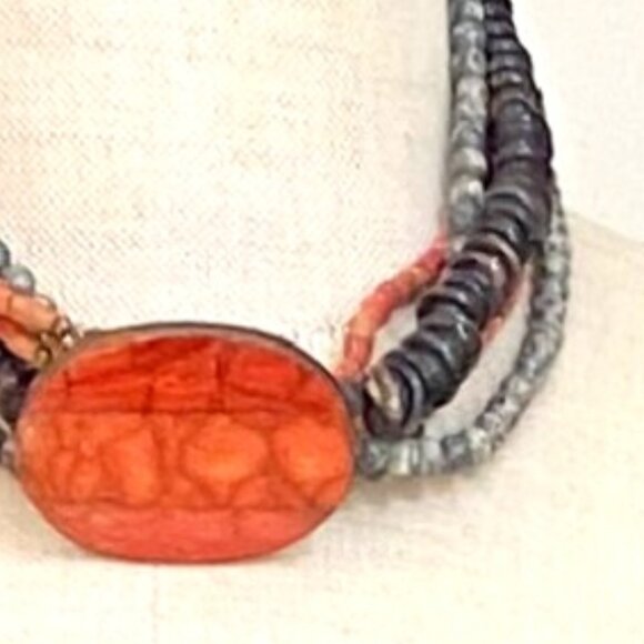 Red/Orange Oval Pendant and Multi-Layer Gemstone Beaded Choker - Picture 3 of 5